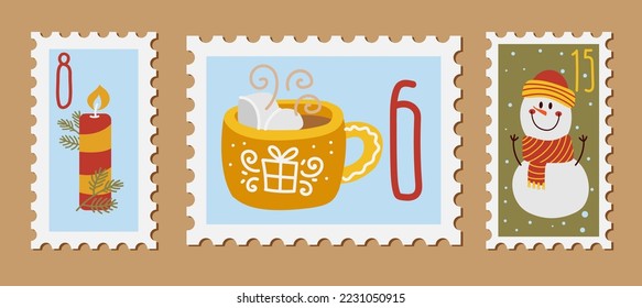 Christmas new year stamps cards. Cartoon style, hand drawn decorative elements. Holiday vector stickers illustrations set