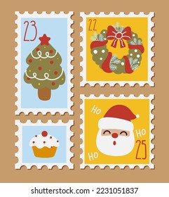Christmas new year stamps cards. Cartoon style, hand drawn decorative elements. Holiday vector stickers illustrations set