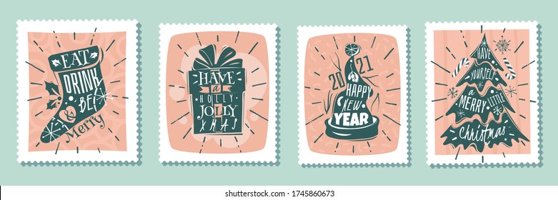 Christmas new year stamps posters. Cartoon style, hand drawn decorative elements. Holiday vector stickers illustrations set