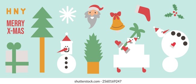 Christmas and New Year sticker pack with snowman in shape flat style in vector. Elements for poster postcards stickers design