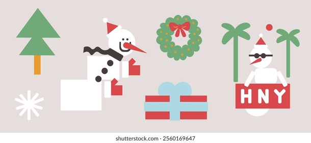 Christmas and New Year sticker pack with snowman in shape flat style in vector. Elements for poster postcards stickers design