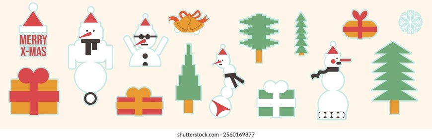 Christmas and New Year sticker pack with snowman in shape flat style in vector. Elements for poster postcards stickers design