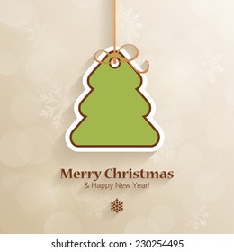 Christmas and New Year sticker style postcard template vector. Fir tree icon on thread with Merry Christmas and Happy New Year congratulations. Holiday templates collection.