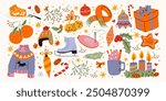 Christmas new year stickers in cartoon style. Holiday gifts, santa, christmas tree, coziness. Holiday seasonal vector illustrations in retro groovy style
