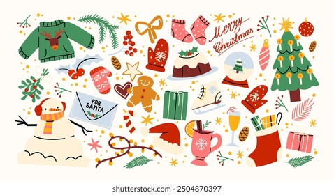 Christmas new year stickers in cartoon style. Holiday gifts, santa, christmas tree, coziness. Holiday seasonal vector illustrations in retro groovy style