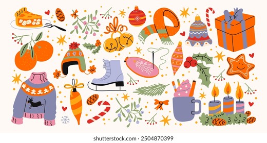 Christmas new year stickers in cartoon style. Holiday gifts, santa, christmas tree, coziness. Holiday seasonal vector illustrations in retro groovy style