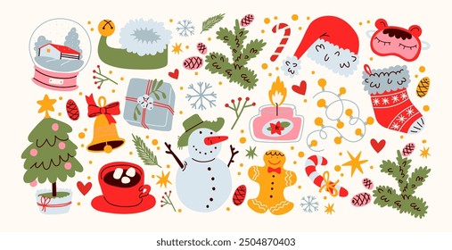 Christmas new year stickers in cartoon style. Holiday gifts, santa, christmas tree, coziness. Holiday seasonal vector illustrations in retro groovy style