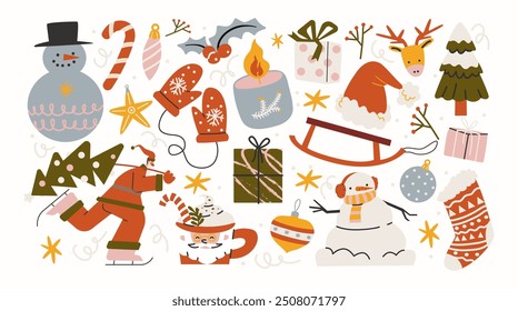 Christmas new year stickers in cartoon style. Holiday gifts, santa, christmas tree, coziness. Holiday seasonal vector illustrations in retro groovy style