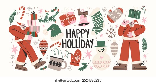 Christmas new year stickers in cartoon style. Holiday gifts, santa, christmas tree, coziness. Holiday seasonal vector illustrations in retro groovy style