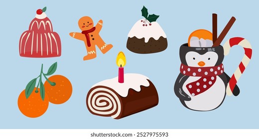 Christmas and New Year stickers in cartoon flat style. Christmas tree, sweet roll, christmas goodies, Santa Claus, tangerines, knitted gloves and socks. Attributes of the New Year holiday
