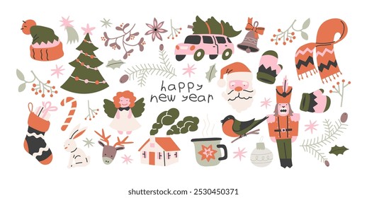 Christmas new year stickers in cartoon style. Holiday gifts, santa, christmas tree, coziness. Holiday seasonal vector illustrations in retro Scandinavian groovy style

