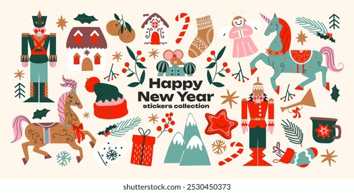 Christmas new year stickers in cartoon style. Holiday gifts, santa, christmas tree, coziness. Holiday seasonal vector illustrations in retro Scandinavian groovy style
