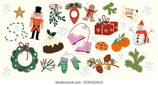 Christmas and New Year stickers in cartoon style. Holiday seasonal vector illustrations. Merry Christmas holiday gifts, winter elements, snowman, tangerines, Santa, Christmas tree, Xmas decorations