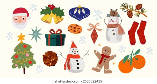 Christmas and New Year stickers in cartoon style. Holiday seasonal vector illustrations. Merry Christmas holiday gifts, winter elements, snowman, tangerines, Santa, Christmas tree, Xmas decorations