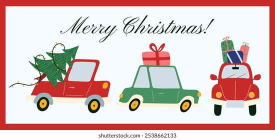 Adesivos de Natal de ano novo em estilo cartoon. Entrega de férias, carros com árvore de Natal, presentes, guirlandas. Ilustrações de vetor sazonais de férias em estilo groovy retro