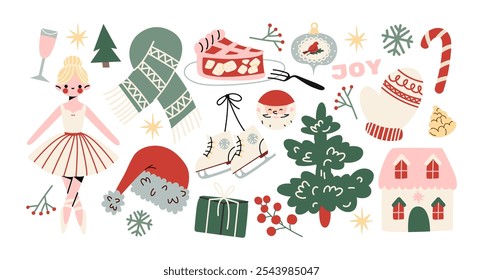 Christmas new year stickers in cartoon style. Holiday gifts, santa, christmas tree, coziness. Holiday seasonal vector illustrations in retro Scandinavian groovy style