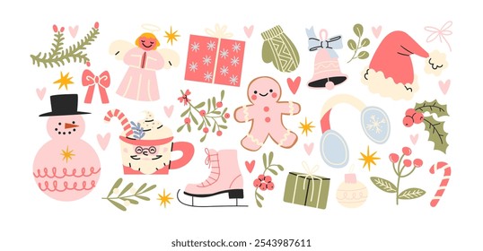 Christmas new year stickers in cartoon style.Cute pink items holiday gifts, nutcracker christmas tree, gingerbread, ballerina. Holiday seasonal vector illustrations in retro Scandinavian groovy style
