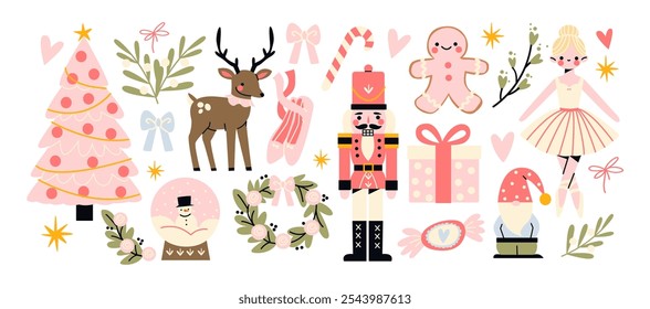 Christmas new year stickers in cartoon style.Cute pink items holiday gifts, nutcracker christmas tree, gingerbread, ballerina. Holiday seasonal vector illustrations in retro Scandinavian groovy style
