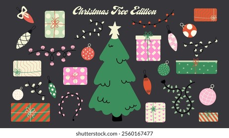 Christmas new year stickers in cartoon style. Christmast tree with gift boxes, Garlands, tree decorations, New Year's balls. Holiday seasonal vector illustrations in retro groovy style. Decorate the c