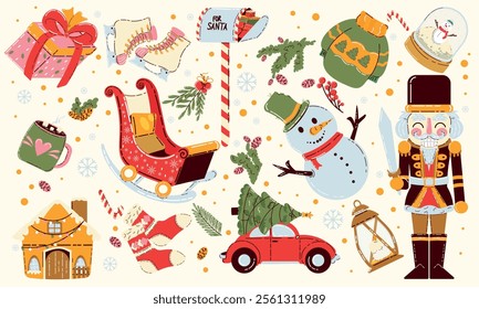Christmas new year stickers in cartoon style. Holiday gifts, santa, christmas tree, coziness. Holiday seasonal vector illustrations in retro groovy style