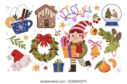 Christmas and new year stickers collection. Mulled wine, Christmas wreath, gingerbread, Santa hat, tangerines and elf. Holiday seasonal vector illustrations in retro groovy style