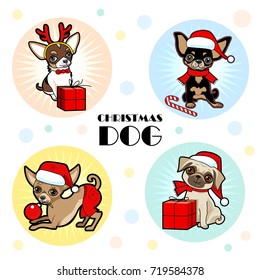 Christmas and new year stickers collection with cute dogs. Dogs disguised in Santa Claus costume. Christmas design greeting card, invitation, label, poster, sticker. 