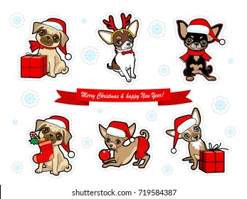 Christmas and new year stickers collection with cute dogs. Dogs disguised in Santa Claus costume. Christmas design greeting card, invitation, label, poster, sticker. Illustration isolated on white.