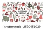 Christmas new year stickers in Scandinavian cartoon style. Holiday gifts, santa, christmas tree, coziness. Holiday hygge  seasonal vector shapes in retro groovy style