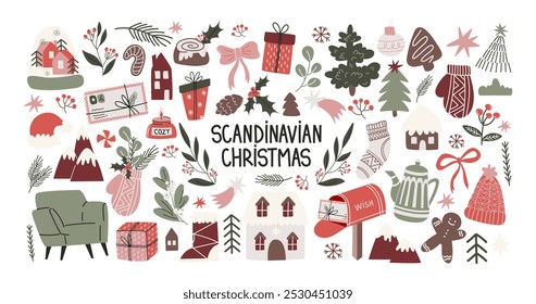 Christmas new year stickers in Scandinavian cartoon style. Holiday gifts, santa, christmas tree, coziness. Holiday hygge  seasonal vector shapes in retro groovy style