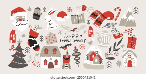 Christmas new year stickers in Scandinavian cartoon style. Holiday gifts, santa, christmas tree, coziness. Holiday hygge  seasonal vector shapes in retro groovy style