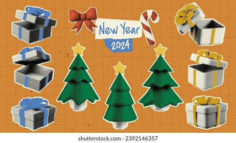 Christmas and New Year stickers in a trendy halftone style for collages, including Christmas trees, bow, Christmas candy cane, gift boxes and snowflake.