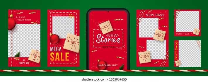 Christmas and New Year stories Set for social networks. Red background with realistic gift box in craft paper, Christmas balls, christmas tree and golden confetti for mega sale and discount on 2021