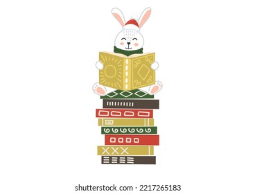 Christmas, New Year story. Cute rabbit reading book in Santa's hat. Winter holiday children literature illustration. 