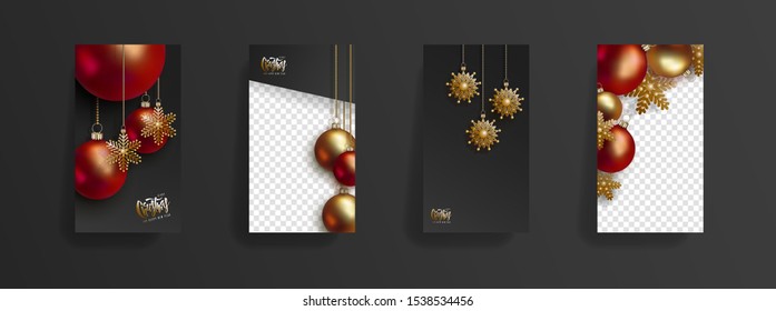 Christmas and New Year story template. Festive black background with red and golden 3D christmas balls and golden snowflakes hang on gold chains. Social media, social network, copy space for text