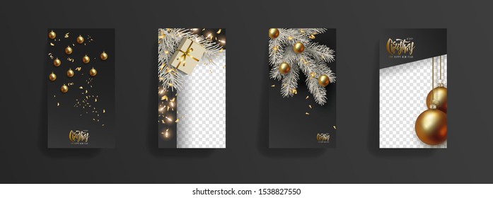  Christmas New Year storys template. Festive black background, golden 3D christmas balls, gold glitter, christmas tree branch, glowing light bulbs. Social media, social network, copy space for text