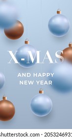 Christmas or New Year storys template. Xmas vertical banner. Festive sierra blue background, hanging 3D christmas balls. Vector template for social media, social network, stories.