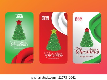 Christmas New Year storys template. Colourful background, golden 3D christmas star, christmas tree, glowing light. Social media, social network, copy space for text