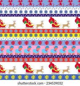 Christmas and New Year striped seamless vector pattern with Santa, reindeer, sheep and ornate elements