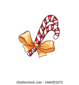 Christmas or New Year stripped candy canes with golden bow isolated vector illustration. Freehand gold decor for winter holidays