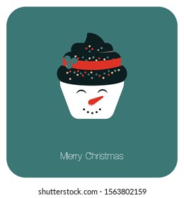 Christmas and new year sweet cupcake or muffin with happy snowman face with carrot. Vector card with greeting winter text