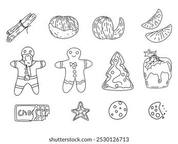 Christmas and New Year sweet treats collection. Different hand drawn doodle elements, Christmas cookies, gingerbread man, tangerine, holidays attributes