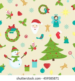 Christmas and New Year symbol elements seamless pattern on beige background. Santa, decorated tree, snowman, snowflake, stocking, mistletoe, candle, angel, birds, gingerbread man, gifts, baubles.
