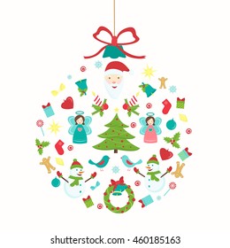 Christmas and New Year symbol elements arranged into round bauble. Santa, decorated tree, snowman, snowflake, stocking, mistletoe, candle, angel, birds, gingerbread man, gifts.