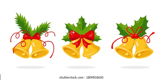 Christmas and New Year Symbol, Traditional Holiday Decoration. Golden Bells with tree branches and red ribbons. Vector Illustration on white background.