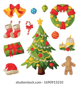 Christmas and New Year Symbols Collection, Traditional Holiday Decorations Vector Illustration