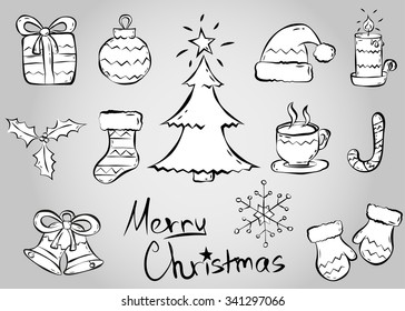 Christmas and New Year symbols for design. Hand drawing, lettering and doodles elements. Outline with white white background. Vector Illustration.