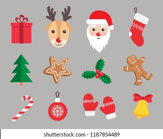 Christmas and New Year symbols icon set. Gingerbread man, Santa Claus, deer, candy, gift, ball, Christmas tree, mistletoe,  stockings etc. Vector illustration