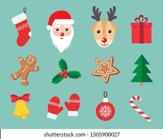 Christmas and New Year symbols icon set. Gingerbread man, Santa Claus, deer, candy, gift, ball, Christmas tree, mistletoe,  stockings etc. Vector illustration