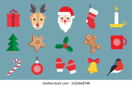 Christmas and New Year symbols icon set. Gingerbread man, Santa Claus, deer, candy, gift, ball, Christmas tree, mistletoe, candle, cup, bullfinch, stockings etc. Vector illustration