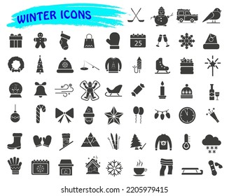 Christmas and New Year symbols icon set. Vector illustration. Winter icons on white background.